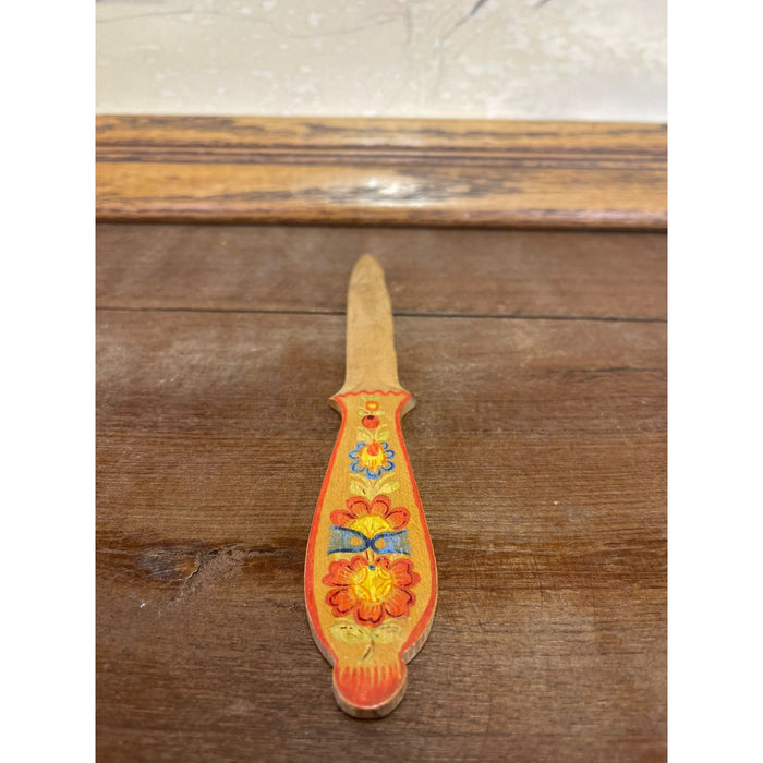 Vintage Wooden Letter Opener With Folk Style Art on Handles.