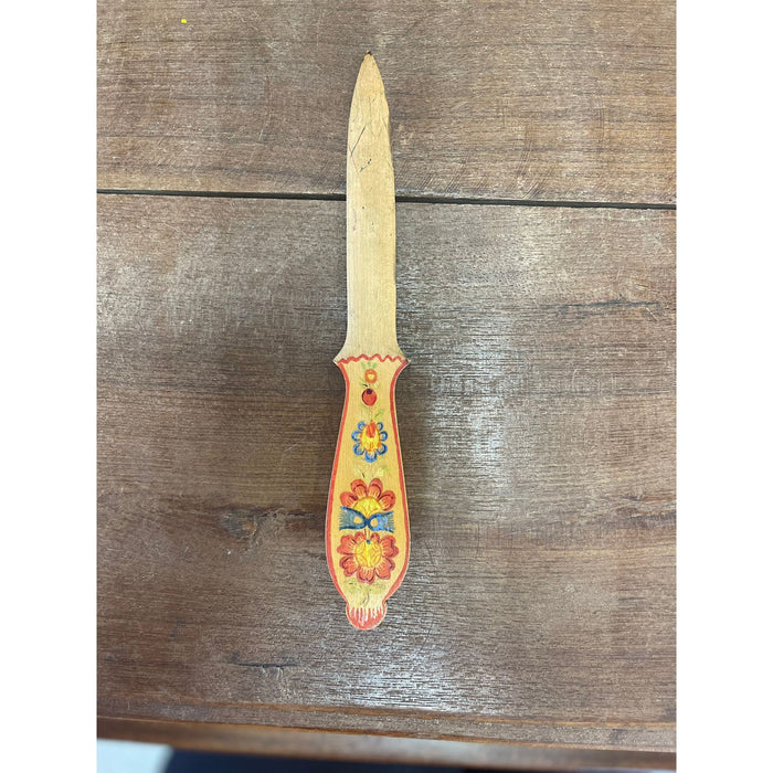 Vintage Wooden Letter Opener With Folk Style Art on Handles.