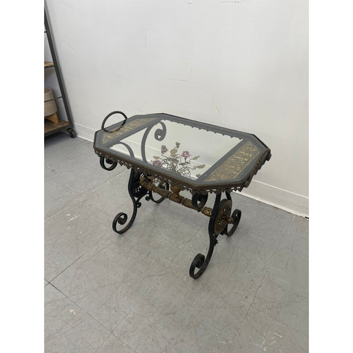 Vintage Wrought Iron Side Table With Ornate Detailing and Glass Top.