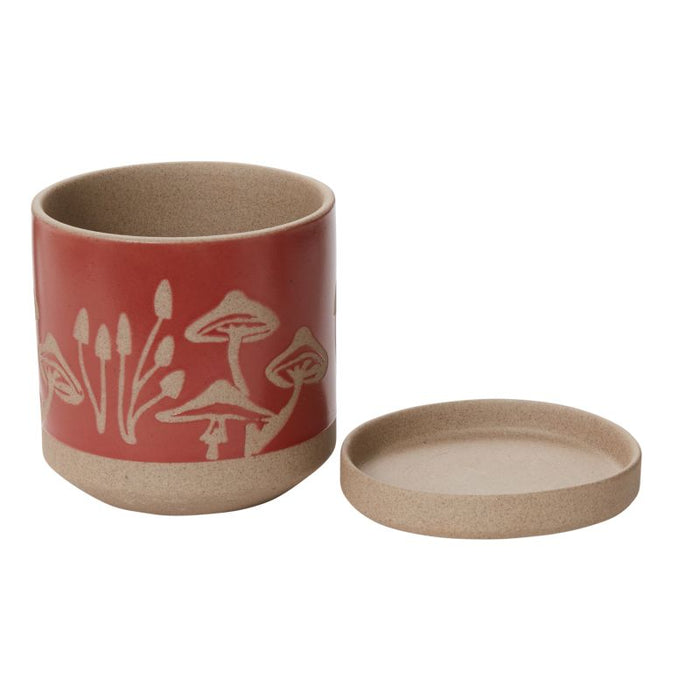 5” Brand New Sandstone Pot with Mushroom Scene Drainage Tray