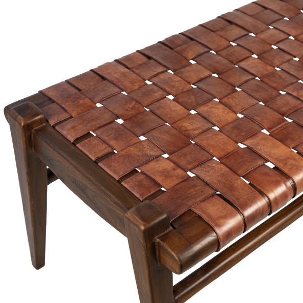 Full Grain Leather Bench Solid Teak Wood Frame (Available by Online Purchase Only)