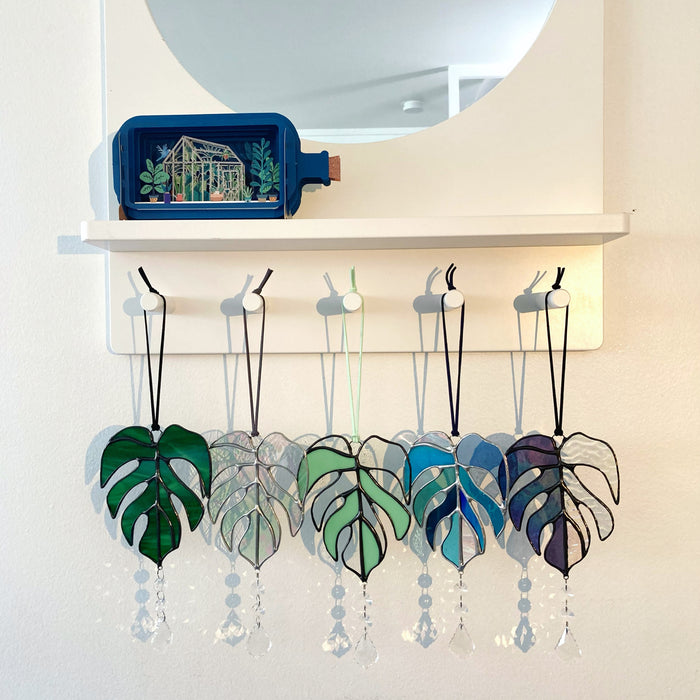 Glass Monstera Leaf with Rainbow Making Crystal