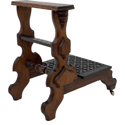 Antique decorative library steps table with metal accent and casters