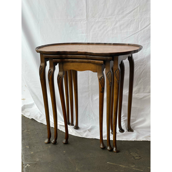 English Antique Burl Wood Nesting End Tables Set