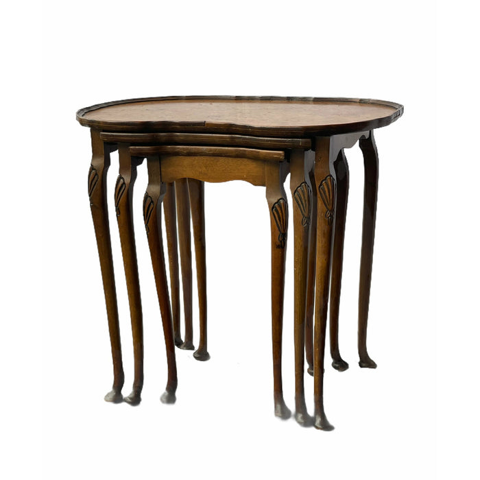 English Antique Burl Wood Nesting End Tables Set