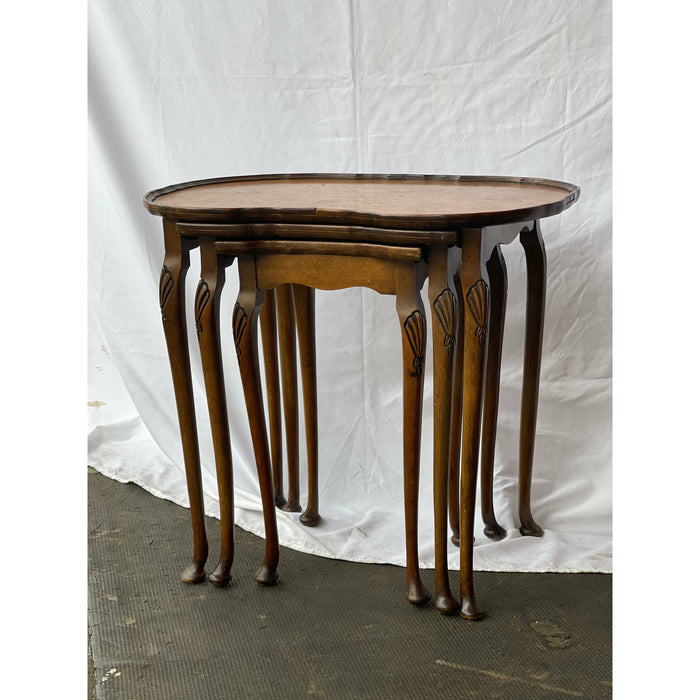 English Antique Burl Wood Nesting End Tables Set