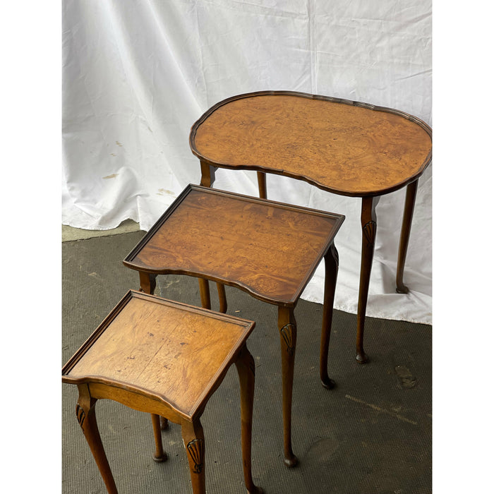 English Antique Burl Wood Nesting End Tables Set
