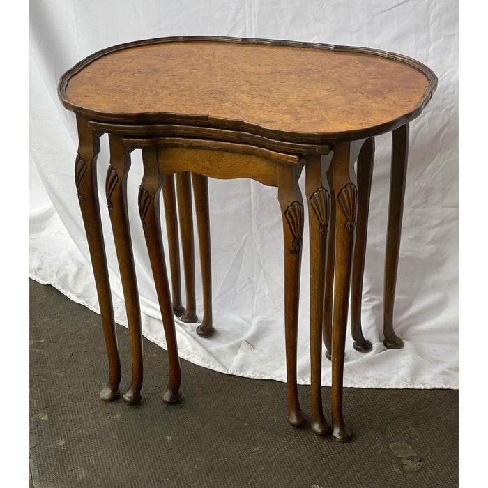 English Antique Burl Wood Nesting End Tables Set
