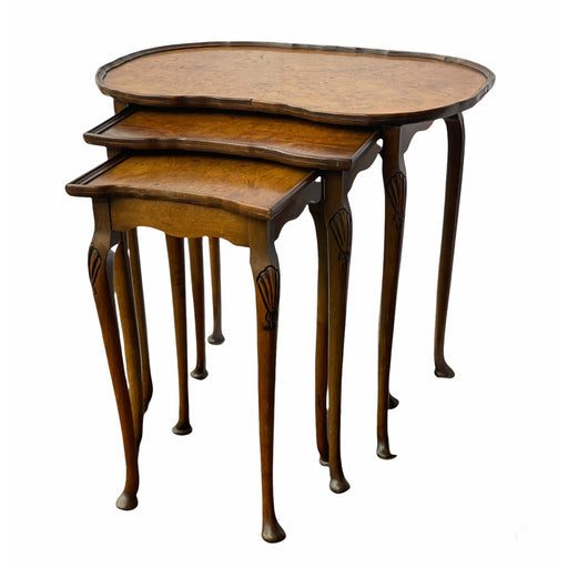 English Antique Burl Wood Nesting End Tables Set