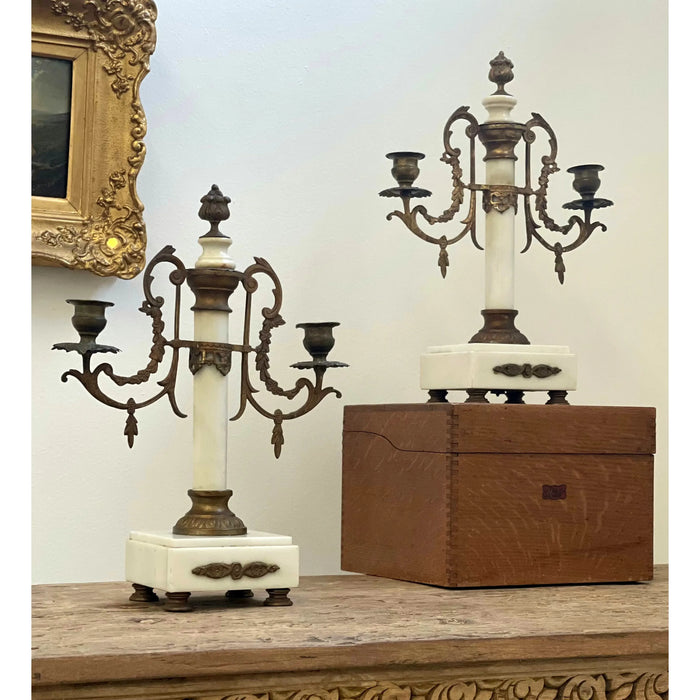 Pair of Louis XVI Style 19th Century Gilt-Bronze and Gilt-Metal and Marble Candelabra