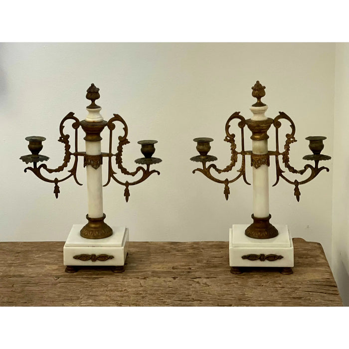 Pair of Louis XVI Style 19th Century Gilt-Bronze and Gilt-Metal and Marble Candelabra