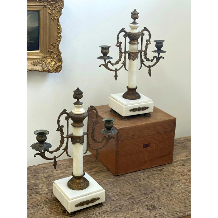 Pair of Louis XVI Style 19th Century Gilt-Bronze and Gilt-Metal and Marble Candelabra