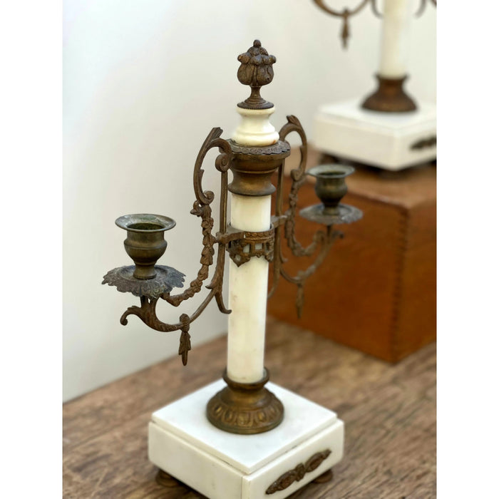 Pair of Louis XVI Style 19th Century Gilt-Bronze and Gilt-Metal and Marble Candelabra