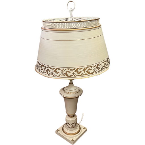Vintage, 1950's, Cream And Gold Colored, Metal Toleware, Tall, Table Lamp with Glass Insert, Shade