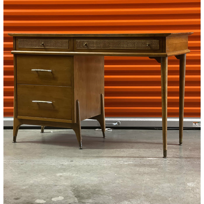 Vintage 1970s Style Retro Mid Century Modern Writing Desk with Cane Detail, Brass Toned Atomic Hardware in the style of Drexel