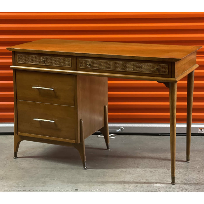 Vintage 1970s Style Retro Mid Century Modern Writing Desk with Cane Detail, Brass Toned Atomic Hardware in the style of Drexel