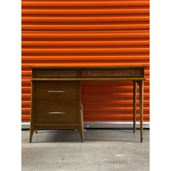 Vintage 1970s Style Retro Mid Century Modern Writing Desk with Cane Detail, Brass Toned Atomic Hardware in the style of Drexel