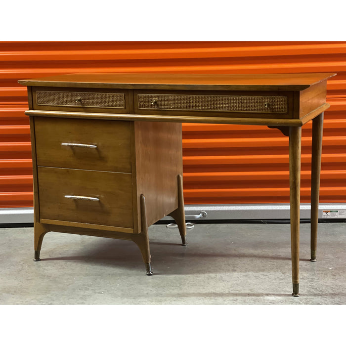 Vintage 1970s Style Retro Mid Century Modern Writing Desk with Cane Detail, Brass Toned Atomic Hardware in the style of Drexel