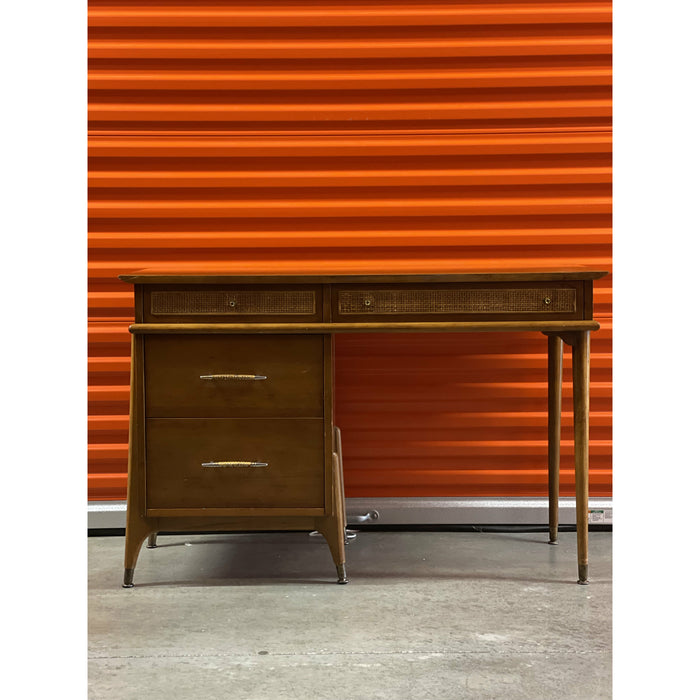 Vintage 1970s Style Retro Mid Century Modern Writing Desk with Cane Detail, Brass Toned Atomic Hardware in the style of Drexel