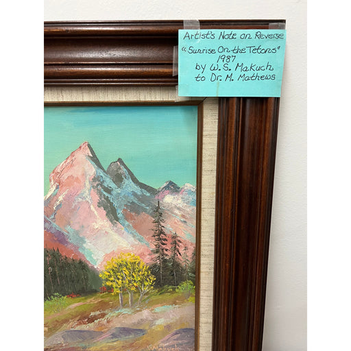 Vintage Framed Painting on Canvas Dt 1987 There is Artist Note on the Back titling the Piece ‘ Sunrise on the Tetors’ and Signed by WS Makuch
