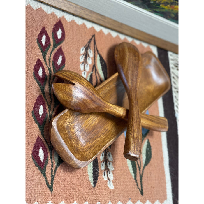 Vintage Wood Carved Utensils with Tray