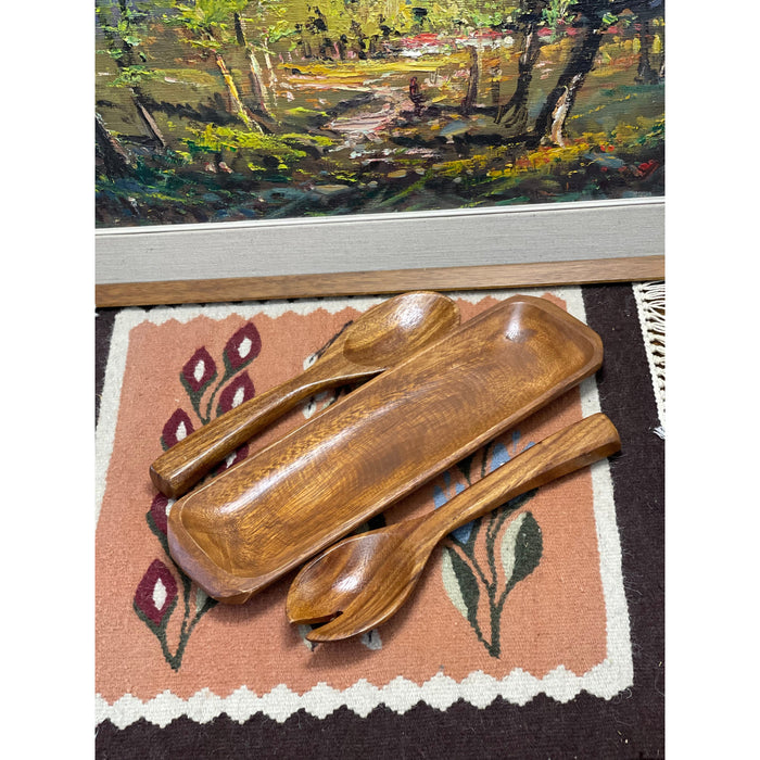 Vintage Wood Carved Utensils with Tray