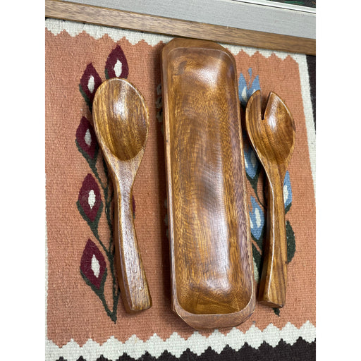 Vintage Wood Carved Utensils with Tray