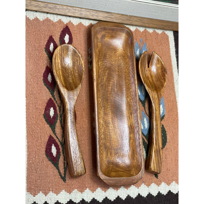 Vintage Wood Carved Utensils with Tray