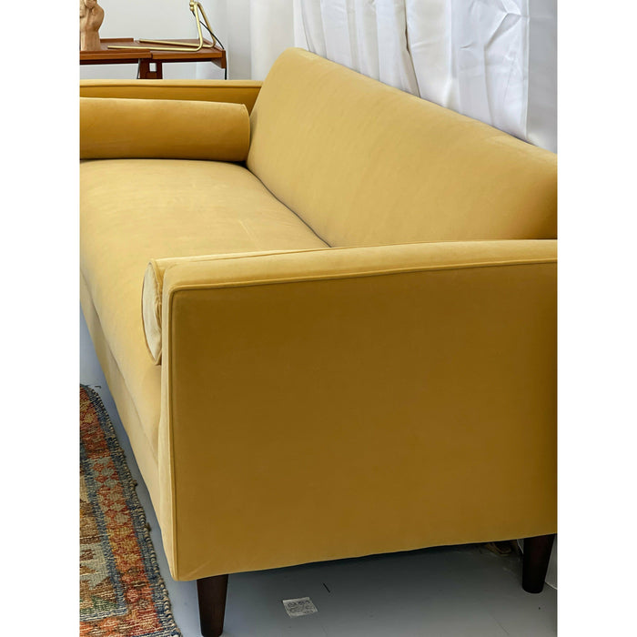 Brand New Modern Sofa/ Couch in Honey Yellow Velvet Upholstery Made in USA Solid Wood Frame