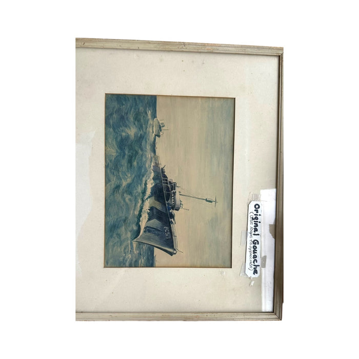 Original WWII US Navy PC-571 Submarine Chaser Gouache Painting – Vintage Framed Maritime Military Art