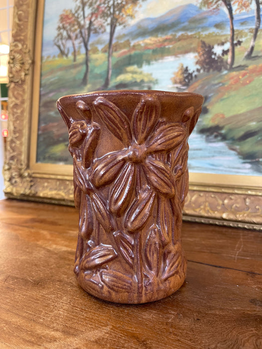 Vintage Red Wing Pottery Brown Glazed Floral Relief Vase