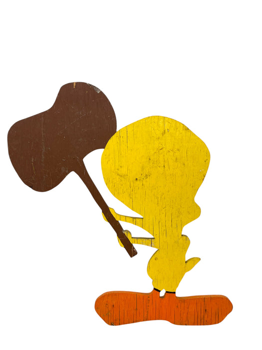 Vintage Hand-Painted Tweety Bird Wooden Cutout Sign with Mallet