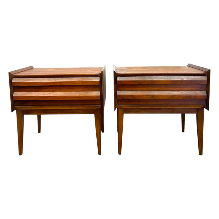 Vintage Lane First Edition Mid Century Modern Walnut Nightstand End Table Set by Lane Furniture.