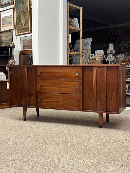 Vintage Mid Century Modern Walnut Wood Credenza Buffet 3 Drawers with Milled Metallic Knobs