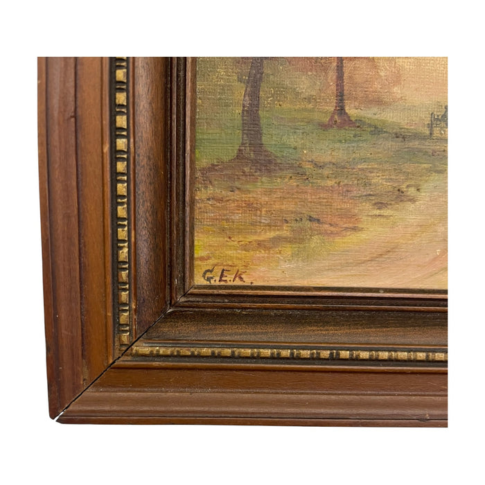 Vintage Framed Rural Landscape Painting on Canvas Board, Signed G.E.K.