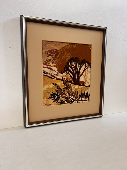 Vintage Mid Century Modern Batik Style Abstract Framed Painting Landscape