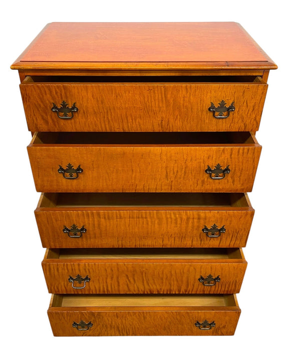 Vintage 5-Drawer Chest with Figured Wood Grain, Dovetailed Drawers and Brass-Toned Hardware
