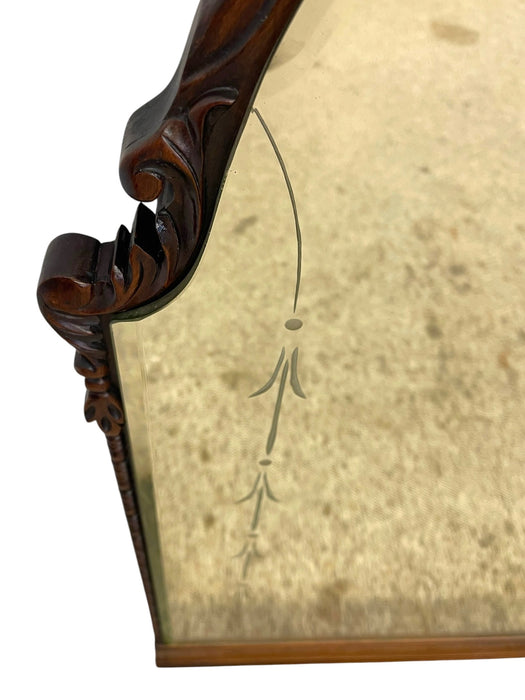 Vintage Carved Wood Arched Wall Mirror with Etched Glass Panels