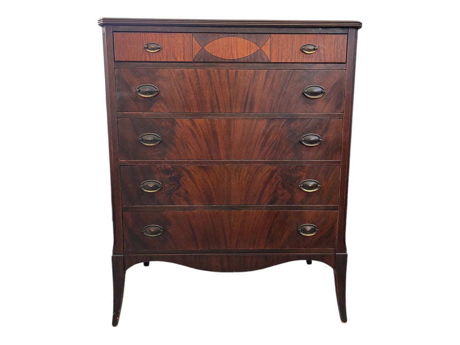 Antique American 5 Drawer Dresser or Chest with Flame Mahogany Wooden Drawer Fronts French Legs Inlaid Contrasting Veneers and Dovetailed Drawers