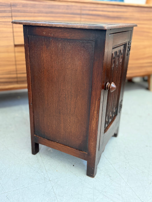 Vintage UK Imported Accent Table or Side Cabinet with Welsh Influences Carved Possibly Oak Door with Drop Hinges Dark Stained Wood