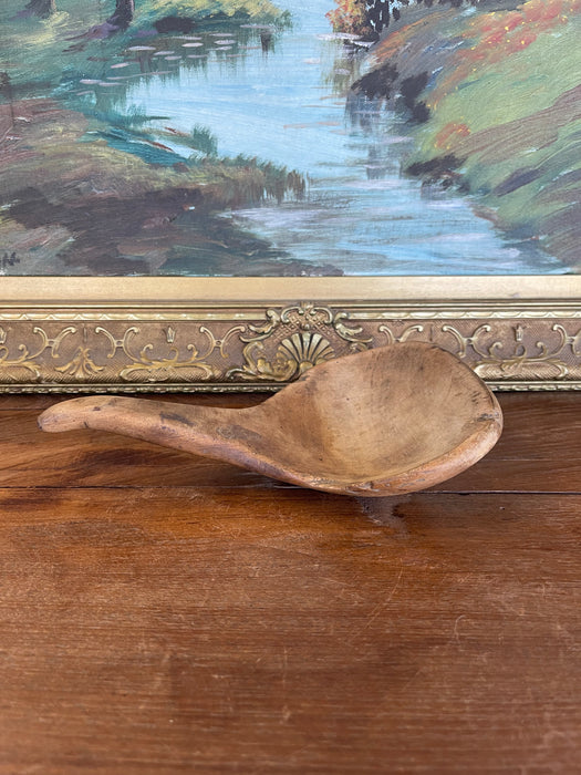 Antique 19th Century Hand-Carved Decorative Wooden Ladle Spoon with Sculptural Curved Handle.
