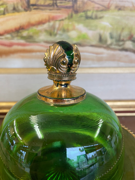 Vintage Green Glass Covered Candy Dish with Pedestal Base and Brass-Toned Mount