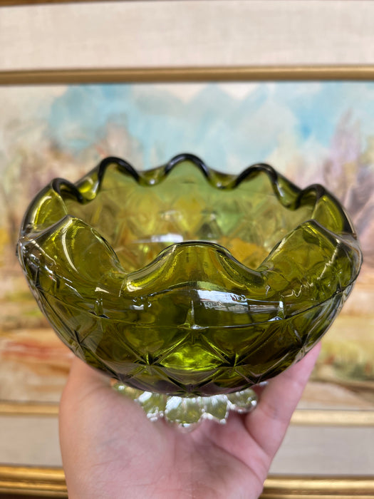 Vintage Green Pressed Glass Bowl with Scalloped Rim and Silver-Toned Floral base.