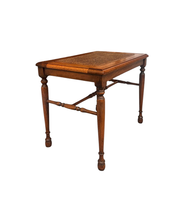 Vintage Traditional Wooden Accent Table or Decorative Bench with Turned Legs and Supports and Caned Top