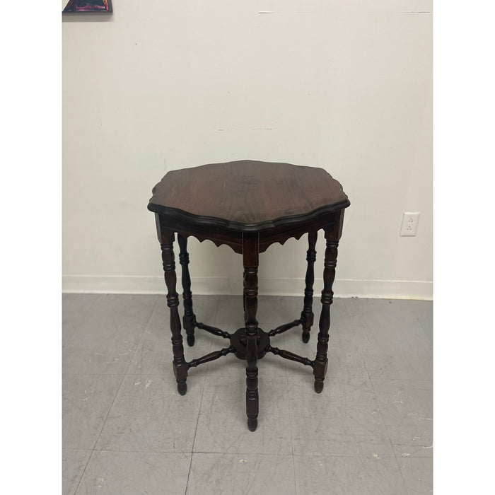 Vintage Hexagonal Carved Wooden Accent Side Table With Scalloped Legs