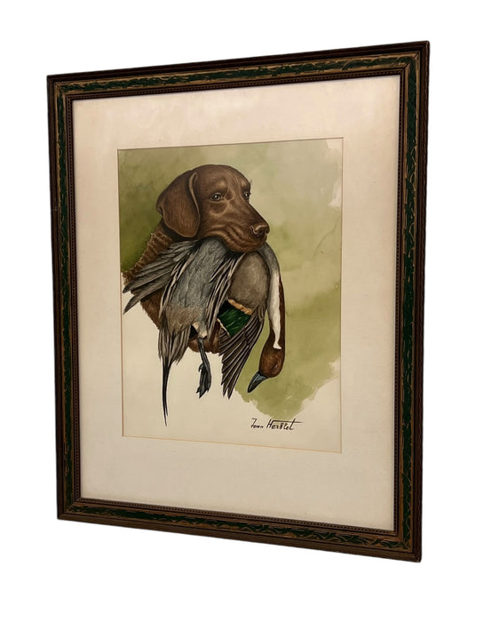 Original Hunting Dog with Foul Watercolor Painting by French Artist and Cartoonist Jean Herblet Signed