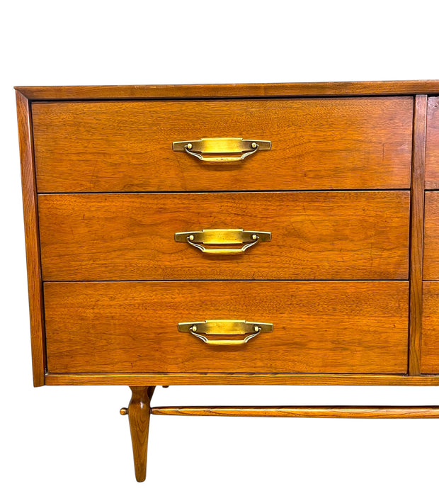 Vintage Mid-Century Modern 6-Drawer Walnut Dresser with Brass Toned Hardware