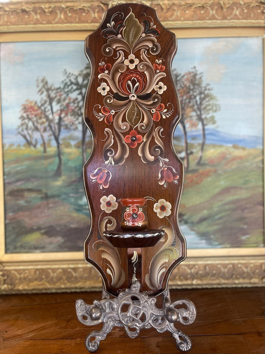 Possibly Norwegian Hand-Rainfed Resemaling Wall Pocket with Candlestick Holder or Miniature Vase, Signed by Kaja, 1990-Scandinavian Folk Art Decor.