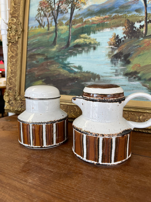 Vintage Mid-Century Modern Midwinter Pottery Creamer and Lidded Sugar Bowl Set, Hand-Painted in England