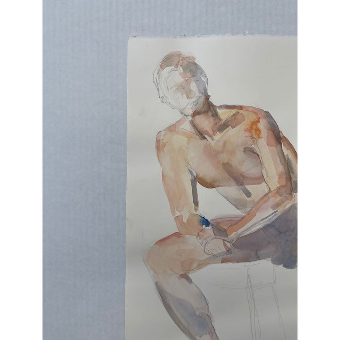 Male Nude Portrait Possibly Watercolor and Pencil on Paper Signed Aquarelle Arches